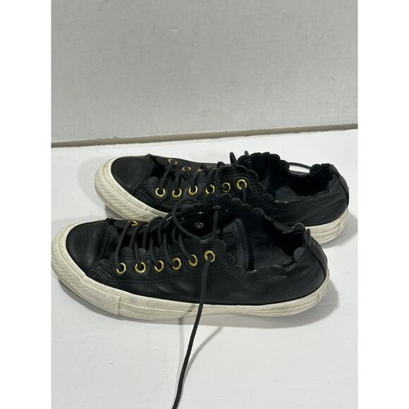 CONVERSE CT All Star Ox Womens Sz 7 Frilly Thrills Black Leather Scalloped Shoes - Picture 4 of 10